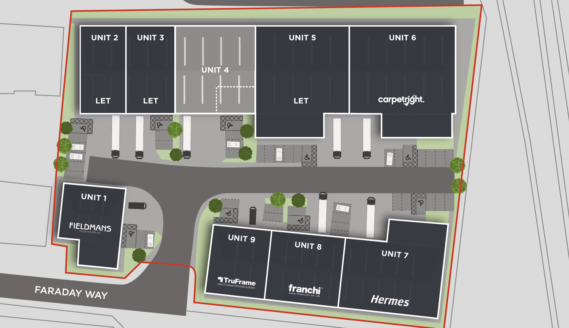 Site plan of Orpington Business Park energy saving trade counter warehouse development